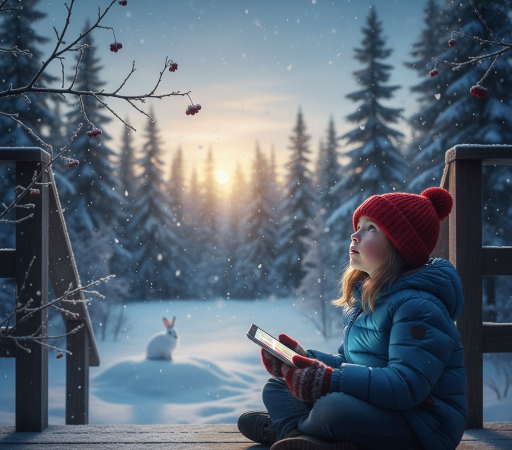 A child looking up from a digital device to a natural, quiet winter scene.
