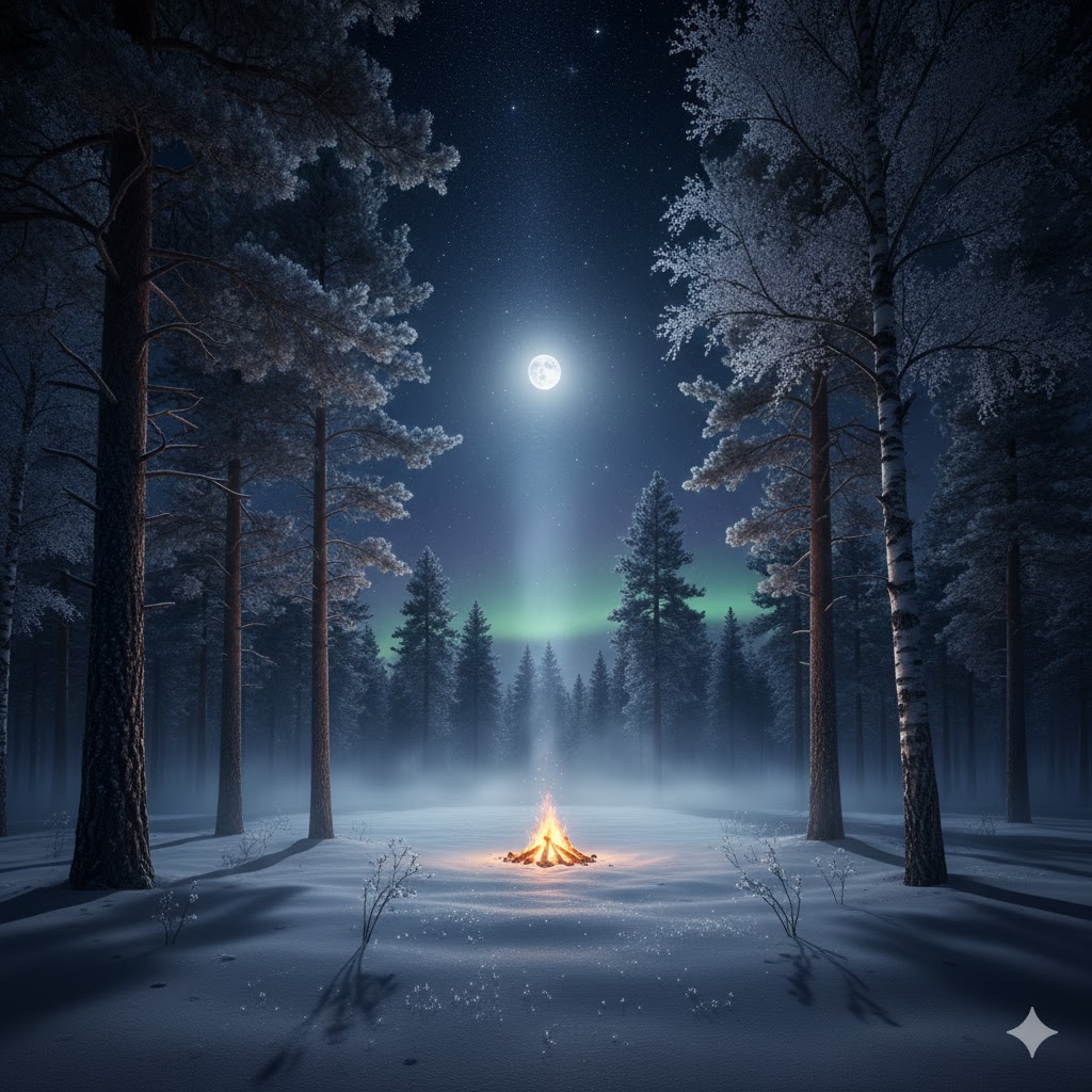 A quiet, dark forest or a winter landscape emphasizing stillness.